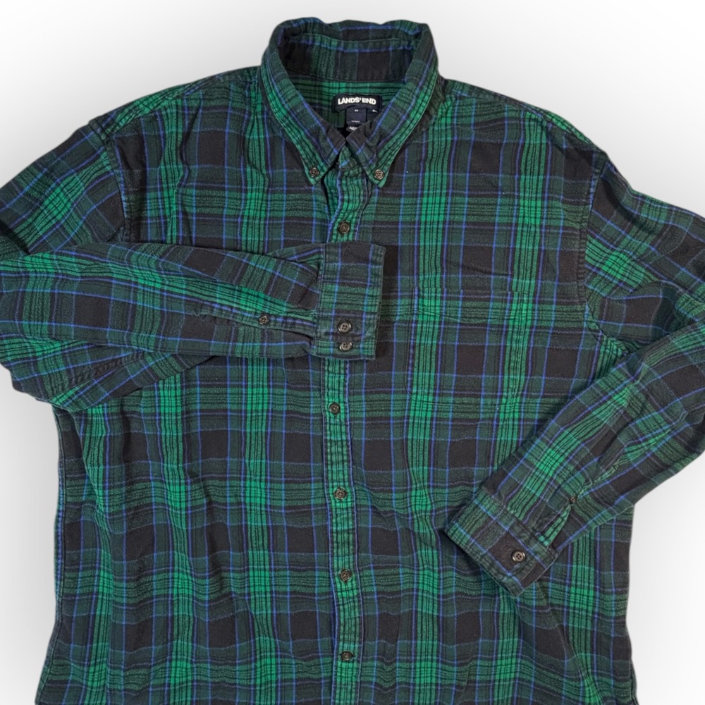 Lands End Mens XXL Flannel Shirt Traditional Fit Green Navy Plaid Cotton Long sl